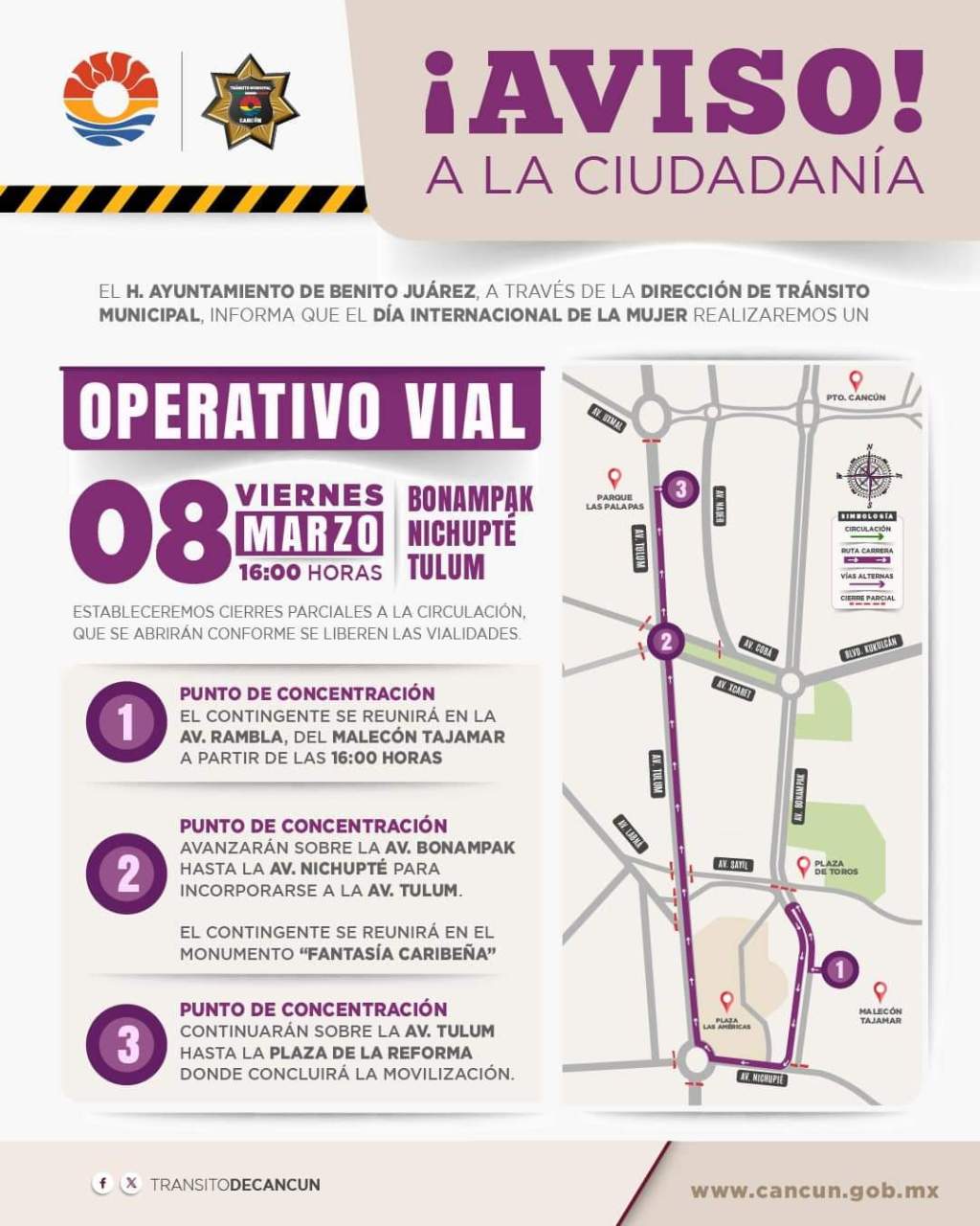 Anuncian Dispositivo Vial por marcha del 8M en&nbsp;Cancún